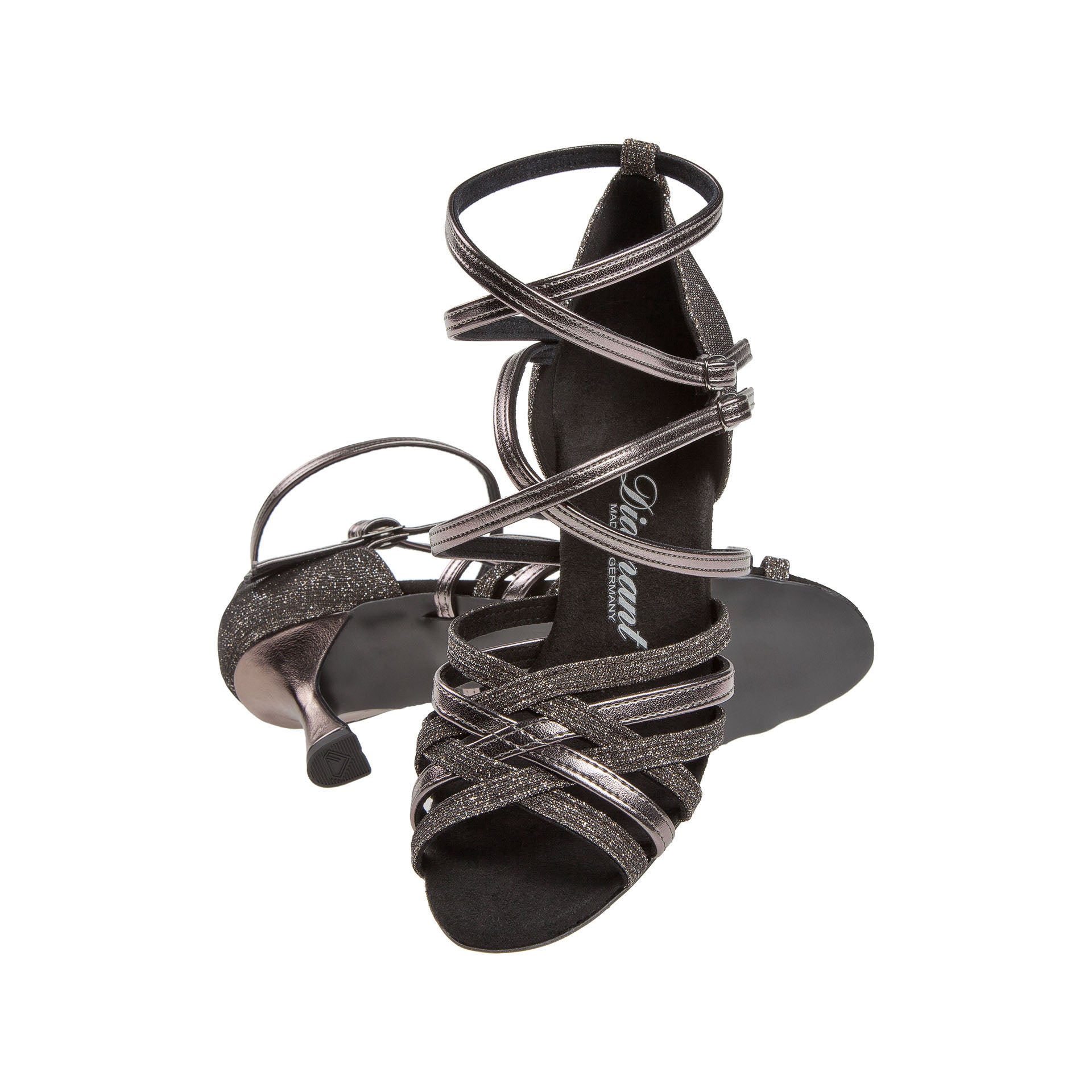 Diamant’s 108 Tanzschuhe in Anthrazit sind schwarze Riemchen-Tanzschuhe mit Glitzer-Finish und niedrigem Absatz auf Weiß.